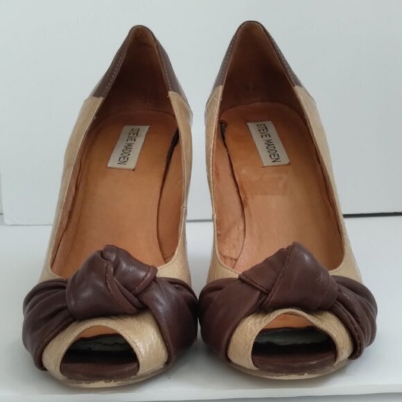 Steve Madden Peep Toe Pumps Multi Leathers Multi Browns Retro Femme Look Sz 8.5 - Picture 2 of 11